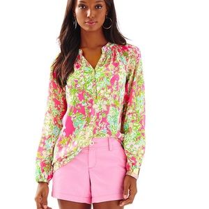 Lily Pulitzer Elsa Silk Blouse Pink Green Medium